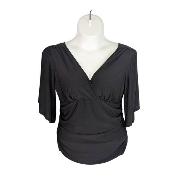 Kiyonna 1X Black Top Flutter Sleeves Faux Wrap Evening Vacation Goth Holiday - Picture 1 of 6